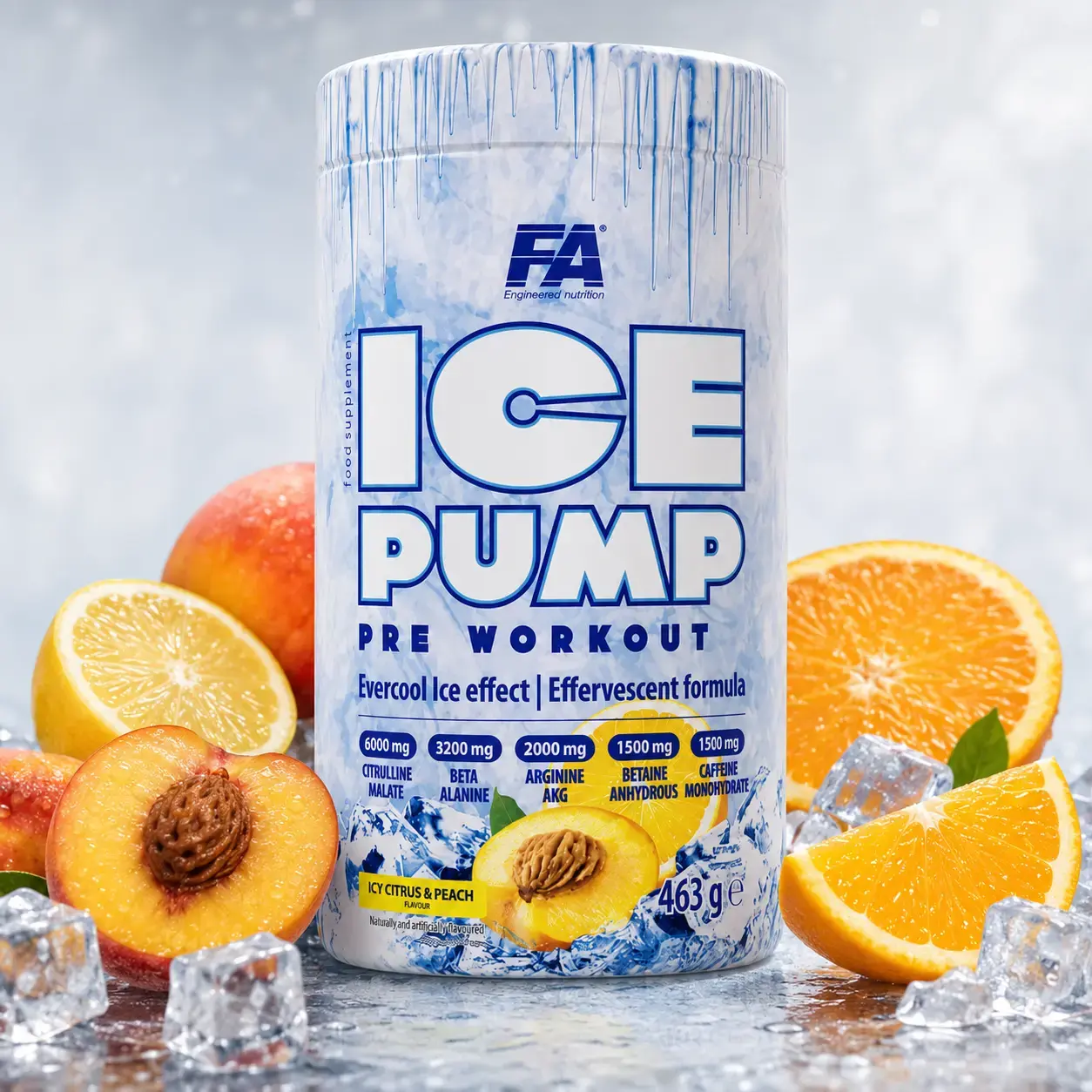 BQ FA ICE Pump Pre Workout, Icy Citrus & Peach, 463 g (50 porsiya)