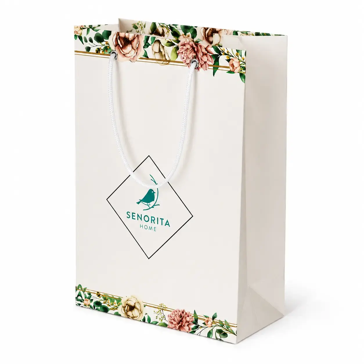 Qog’oz paketi SENORITA HOME vertikal, White/Floral, 16.5×19×12 cm, 1 dona