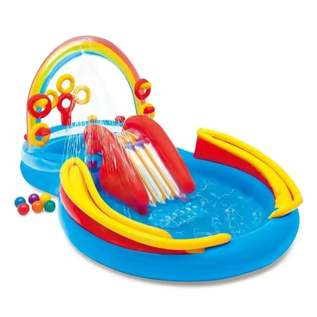 Игровой центр Intex 297х193х135см ”Радуга” с разбрызгивателем, горкой и игрушками, 381л, до 81кг, от 2 лет
