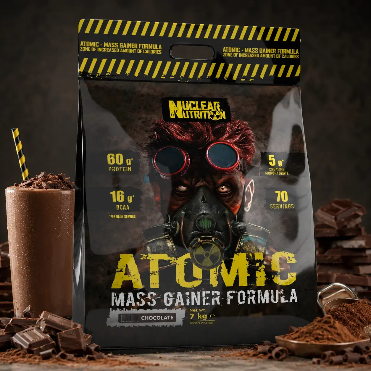 Oqsil-uglevodli geyner Nuclear Nutrition Atomic Mass Gainer Chocolate, 7 kg