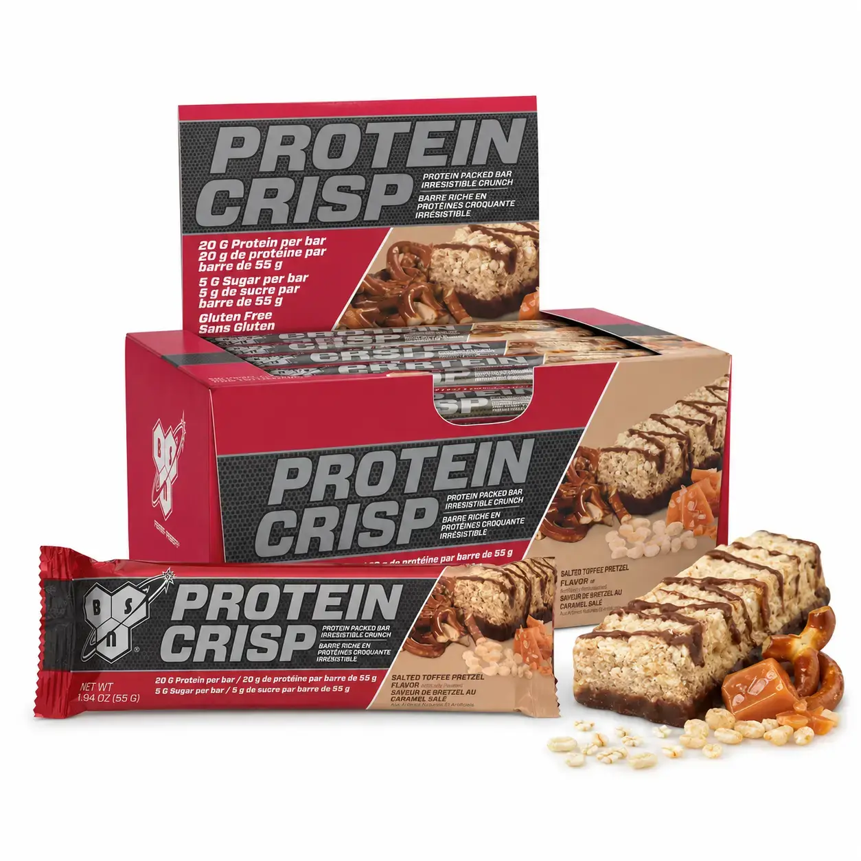 BQ BSN Protein Crisp 12 Bars Salted Toffee Pretzel