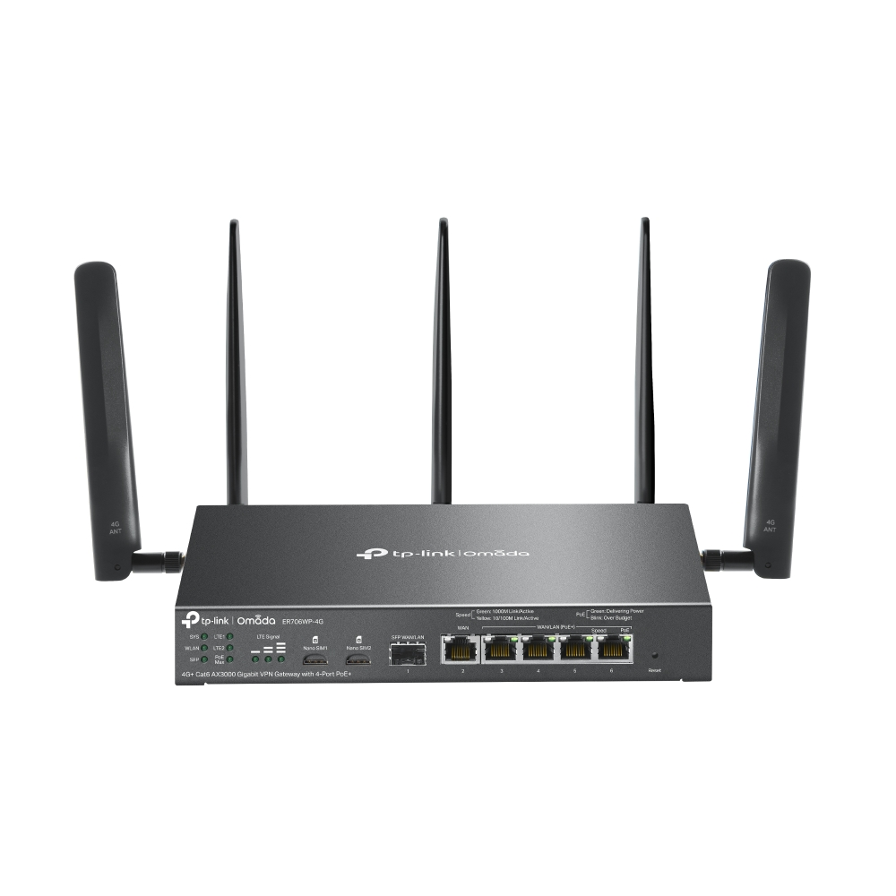 VPN-маршрутизатор TP-LINK ER706WP-4G Omada 4G+ Cat6 AX3000 Gigabit VPN Gateway with 4-Port PoE+ 
