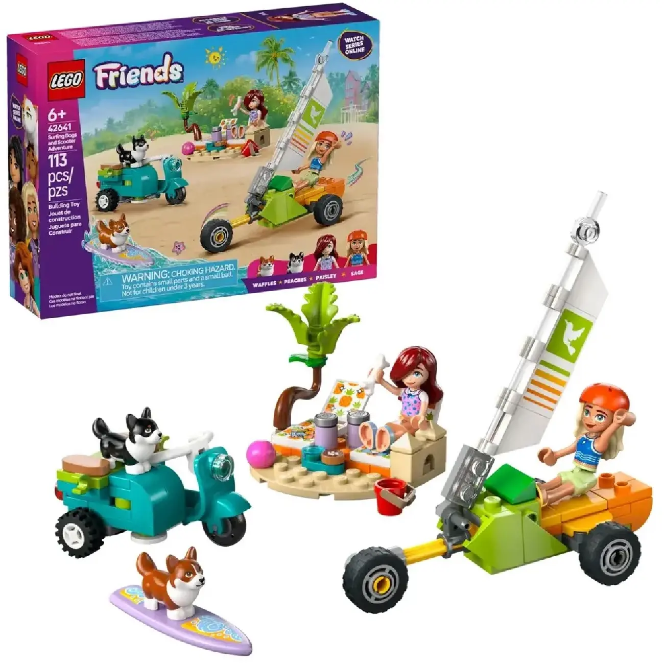 Конструктор LEGO Friends ”Сёрфинг с собаками” 42641, 2 минифигурки, 2 собаки, 2 шезлонга, аксессуары