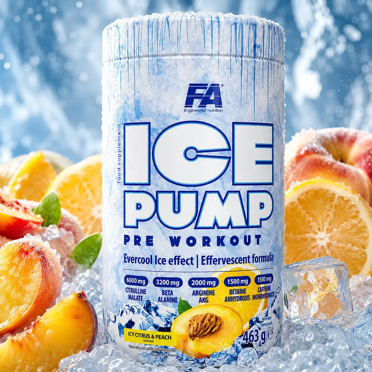 BQ FA ICE Pump Pre Workout, Icy Citrus & Peach, 463 g (50 porsiya)