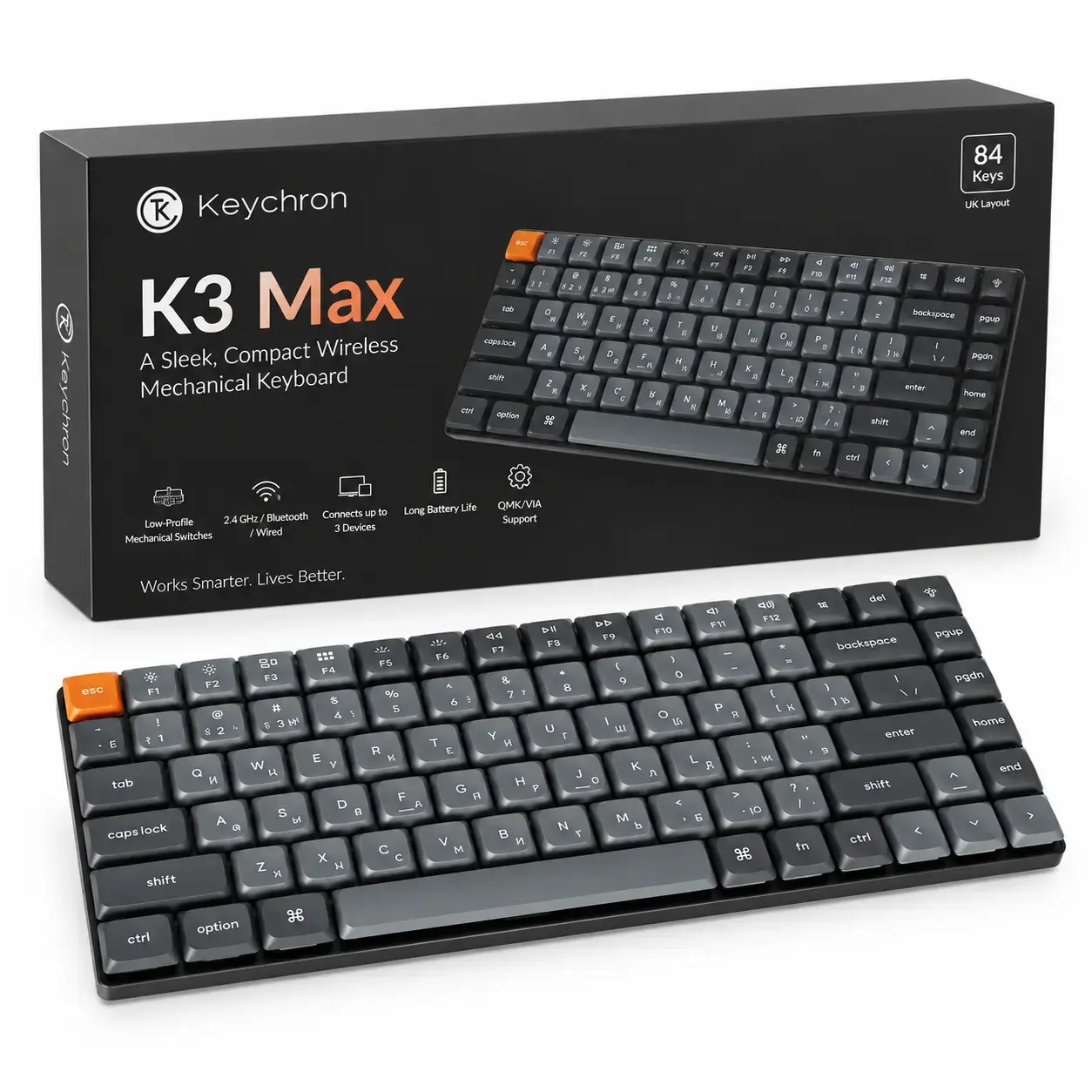Клавиатура механическая Keychron K3 MAX 84Key, K pro Brown, WL/BT/USB-A, Hot-swap, QMK, EN/RU/UZ, RGB, черный K3M-H1-UZ
