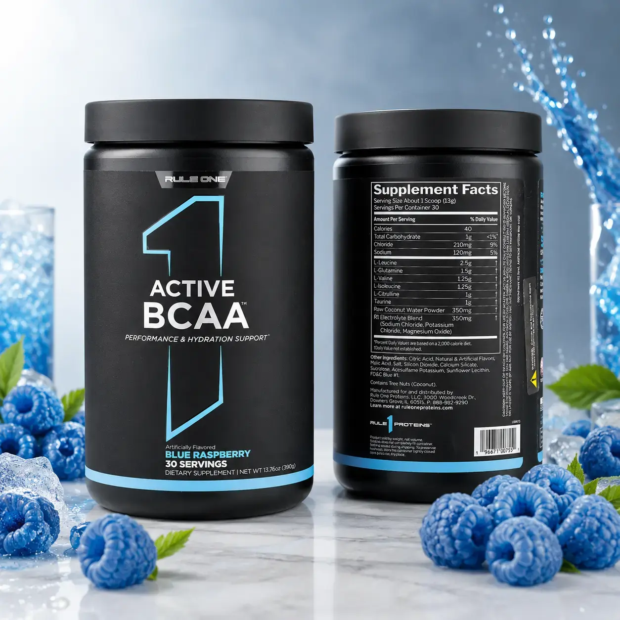 Aminokislotalar kompleksi Active BCAA Rule1 (Blue Raspberry) 390 g (30 srv)